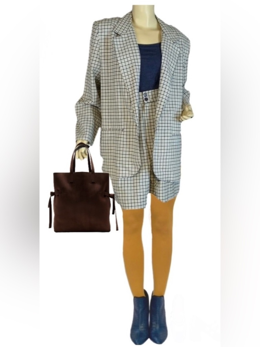 VINTAGE CIRCA 1990'S CHRISTY GIRL TAUPE & BLUE PLAID SHORTS' SUIT (12)